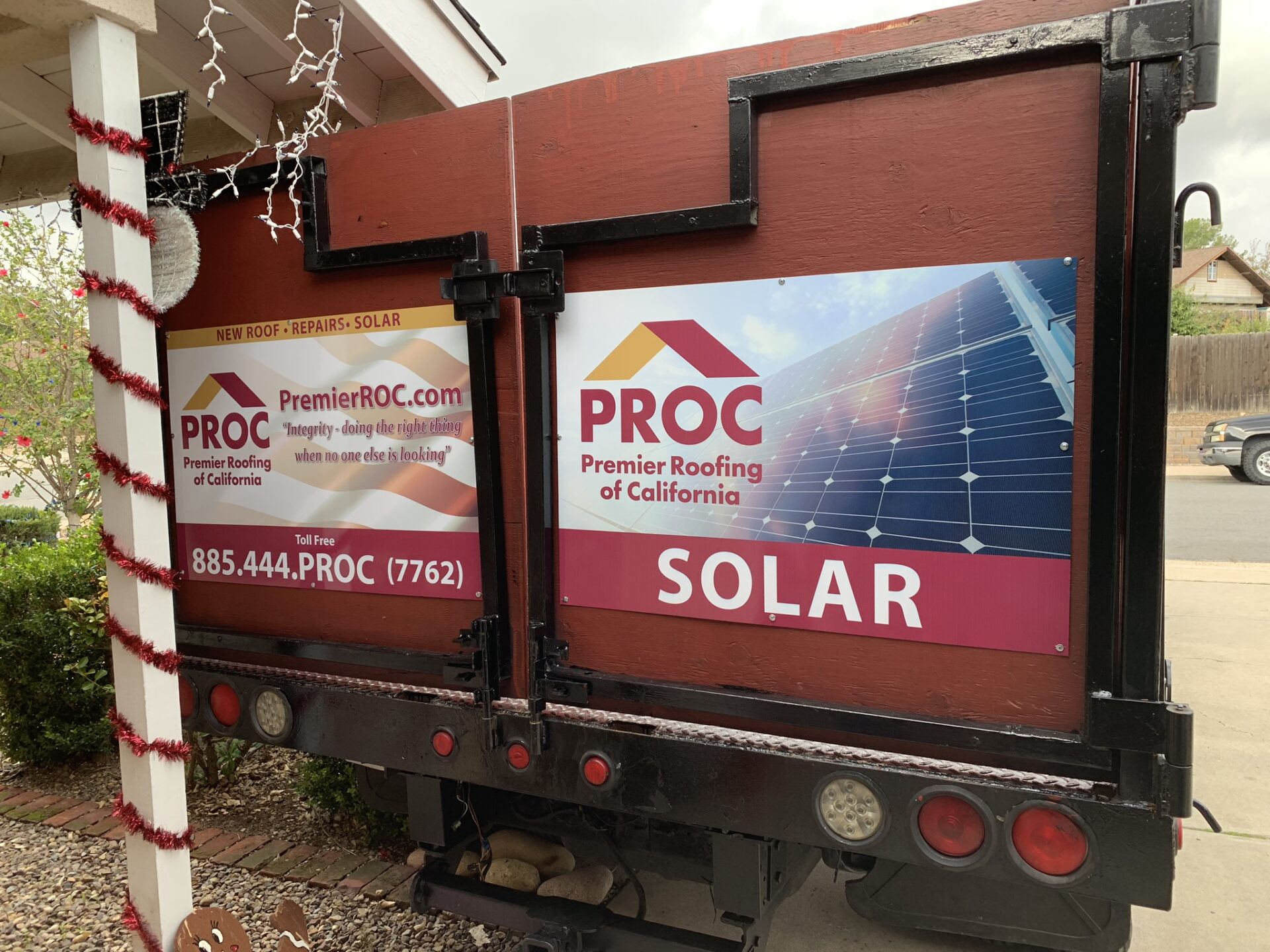 A truck with proc solar on the side of it.